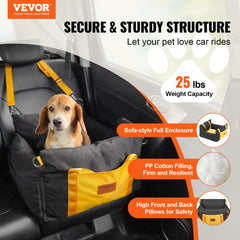 Black Oxford dog booster car seat for small dogs with plush pad and adjustable seat belts.
