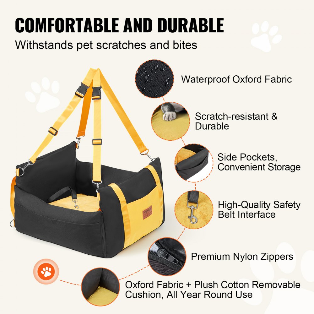 Black Oxford dog booster car seat for small dogs, featuring waterproof fabric and plush padding.