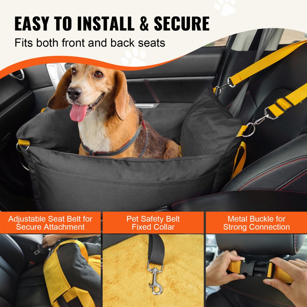 Black Oxford dog booster car seat for small dogs, featuring waterproof fabric and plush padding.
