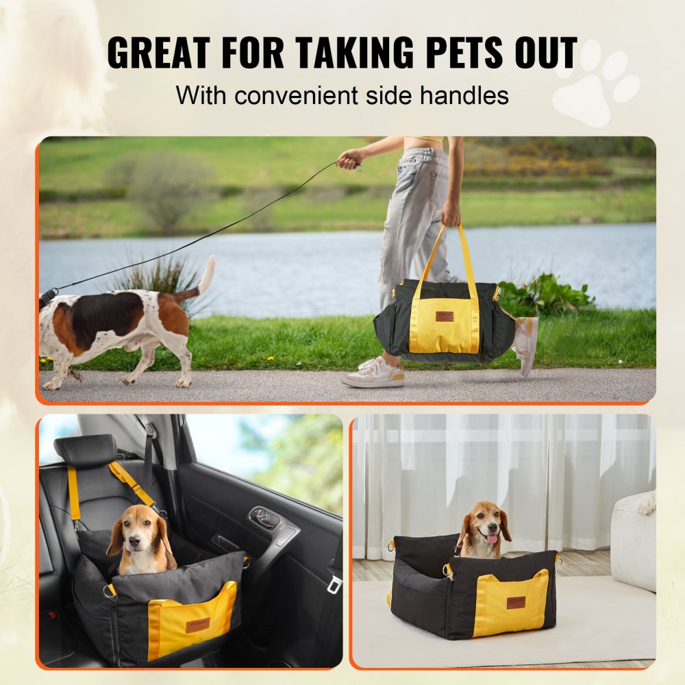Black Oxford dog booster car seat for small dogs, featuring a plush pad and adjustable seat belts.