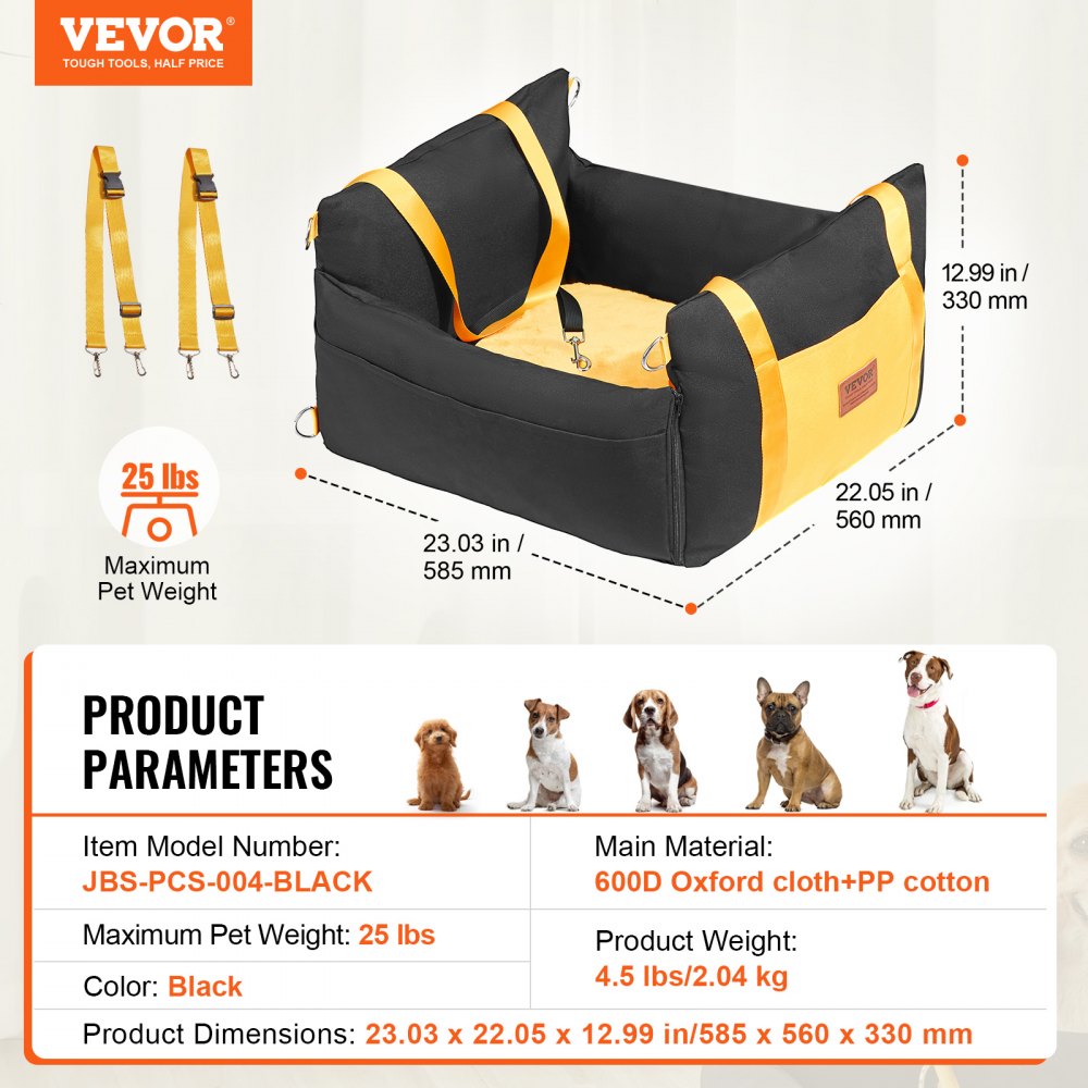 Black Oxford dog booster car seat for small dogs, featuring a plush pad and adjustable seat belts.