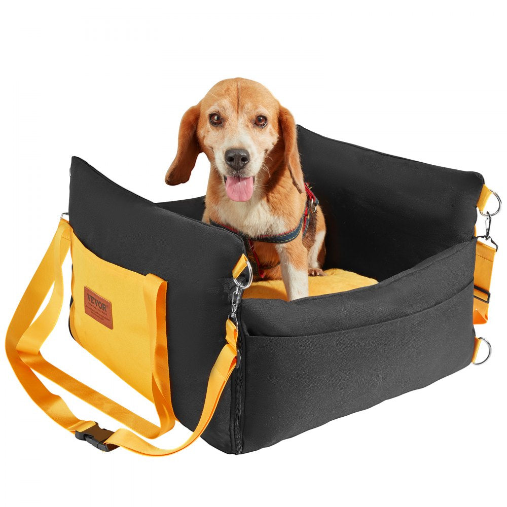 Black Oxford dog booster car seat for small dogs with plush pad and adjustable seat belts.