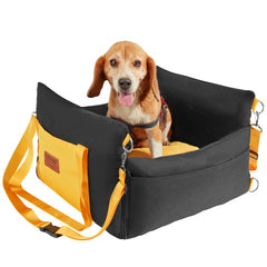 Black Oxford dog booster car seat for small dogs with plush pad and adjustable seat belts.