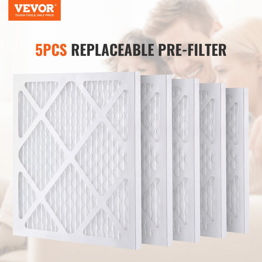 Five white 15.75-inch square pre-filters for air scrubbers, shown stacked.