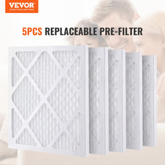 Five white 15.75-inch square pre-filters for air scrubbers, shown stacked.