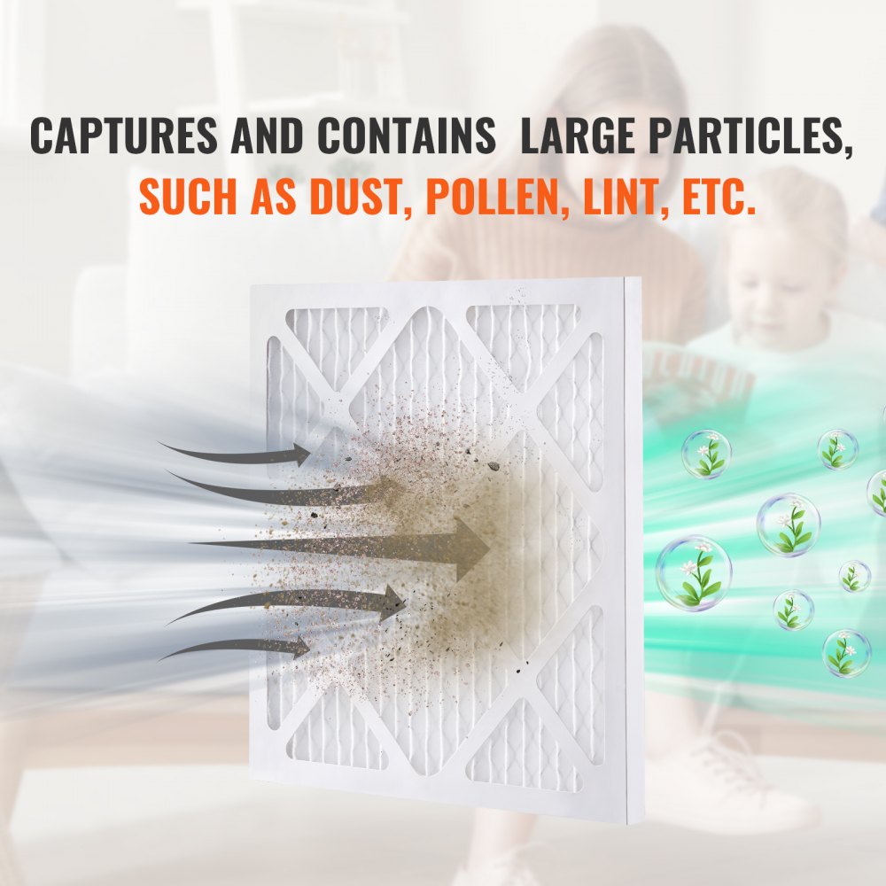 White air filter capturing large particles like dust and pollen, showing airflow and trapped debris.