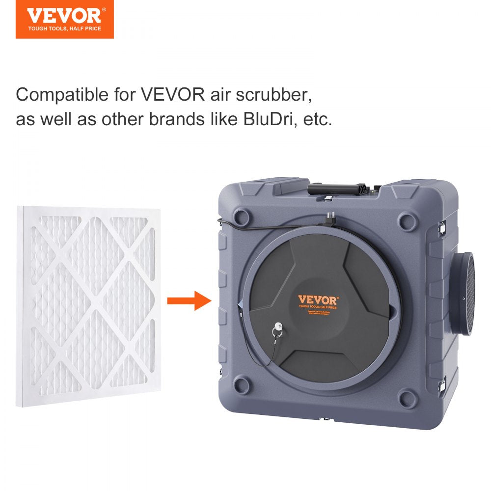 A 5-pack of 15.75-inch square protective pre-filters shown next to a VEVOR air scrubber.