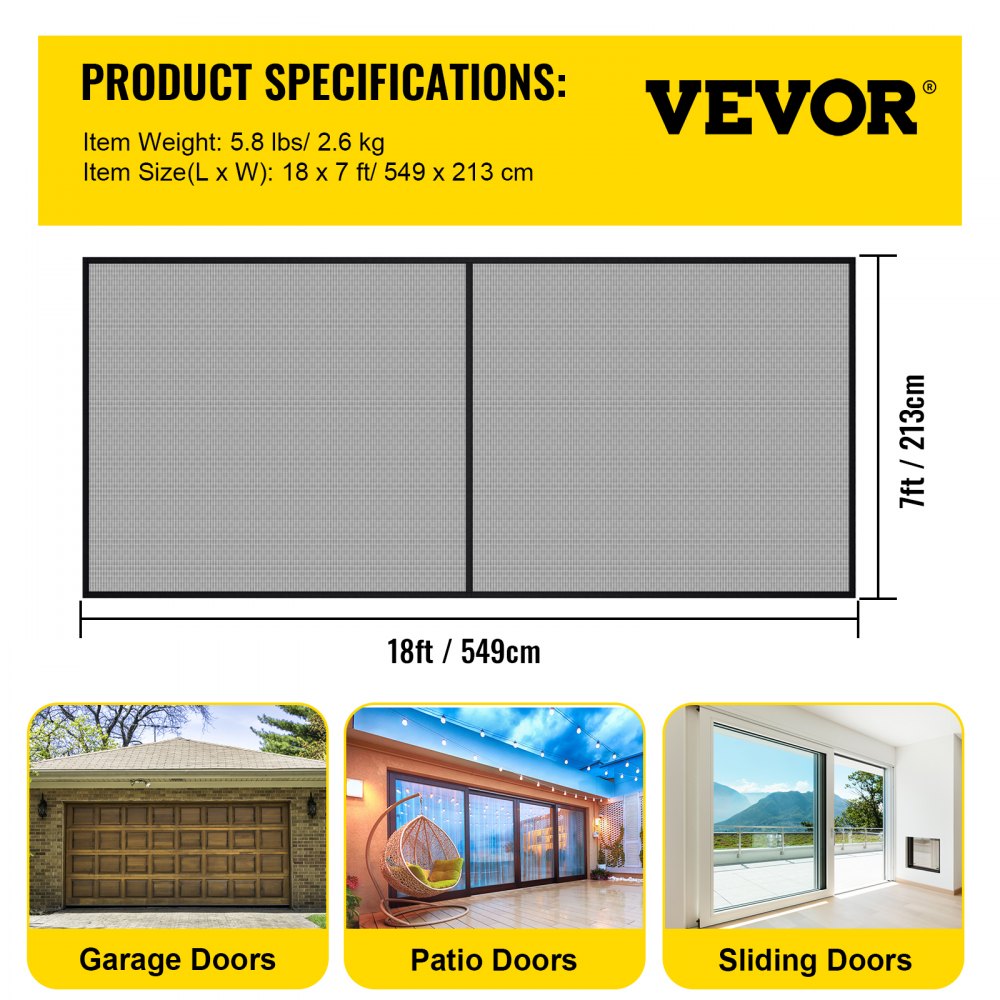 Garage Door Screen, 18 x 7 ft for 2 Cars, 5.8 lbs Heavy-Duty Fiberglass Mesh for Quick Entry with Self Sealing Magnet and Weighted Bottom, Kids / Pets Friendly, Easy to Install and Retractable