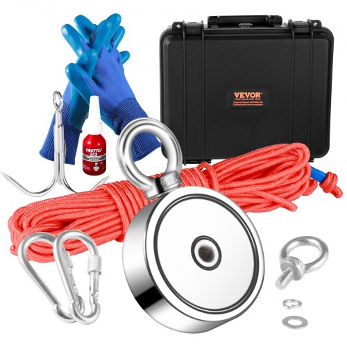 Bostome 1200lbs double-sided neodymium magnet fishing kit with rope, hooks, gloves, and case.