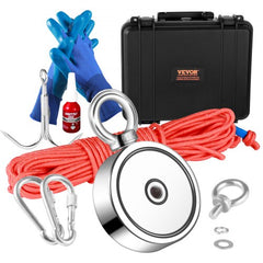 Bostome 1200lbs double-sided neodymium magnet fishing kit with rope, hooks, gloves, and case.