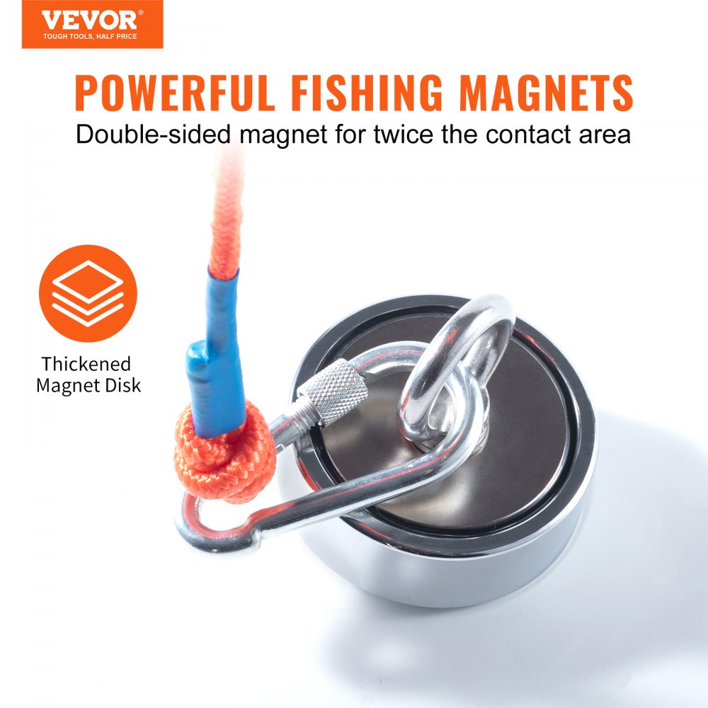 Double-sided neodymium fishing magnet with thickened disk and attached orange rope