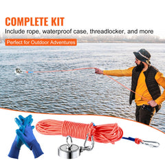 Bostome 1200lbs double-sided neodymium magnet fishing kit with rope, gloves, hook, and case.