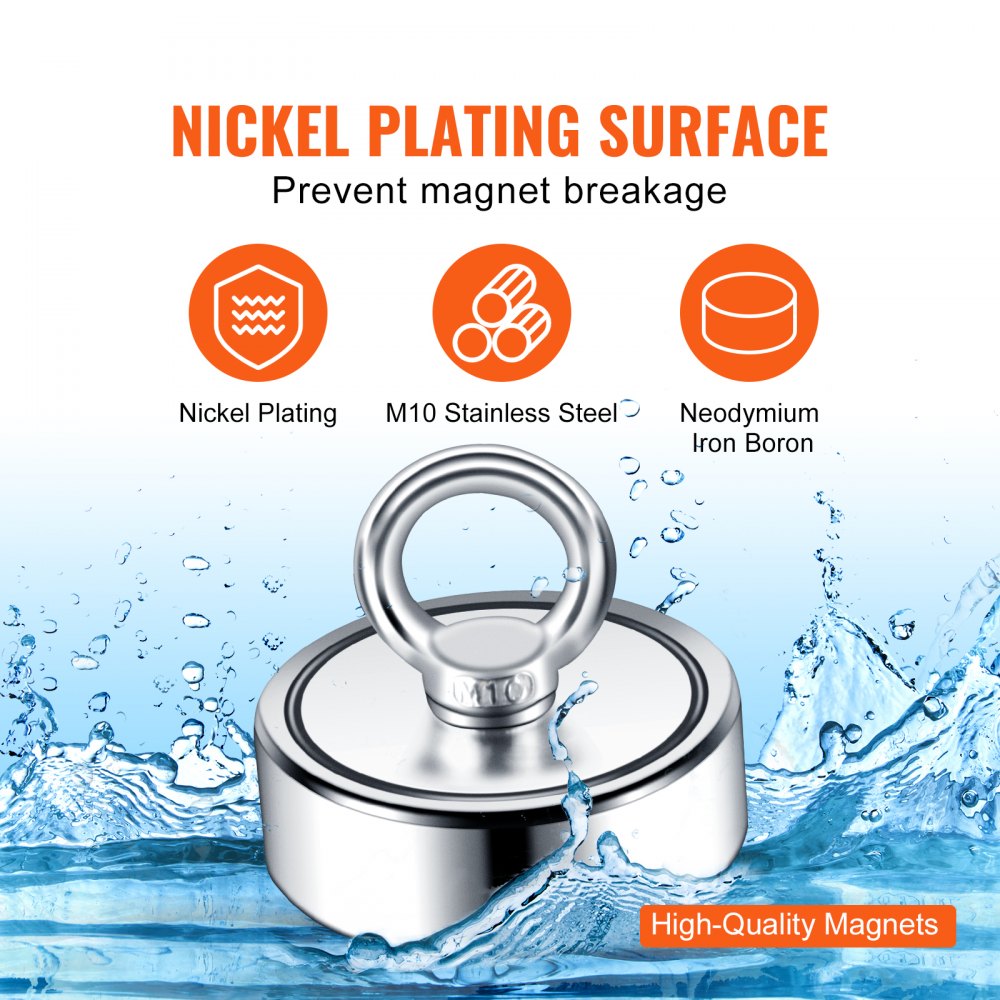 Double-sided neodymium magnet with nickel plating and M10 stainless steel eyebolt on blue background.