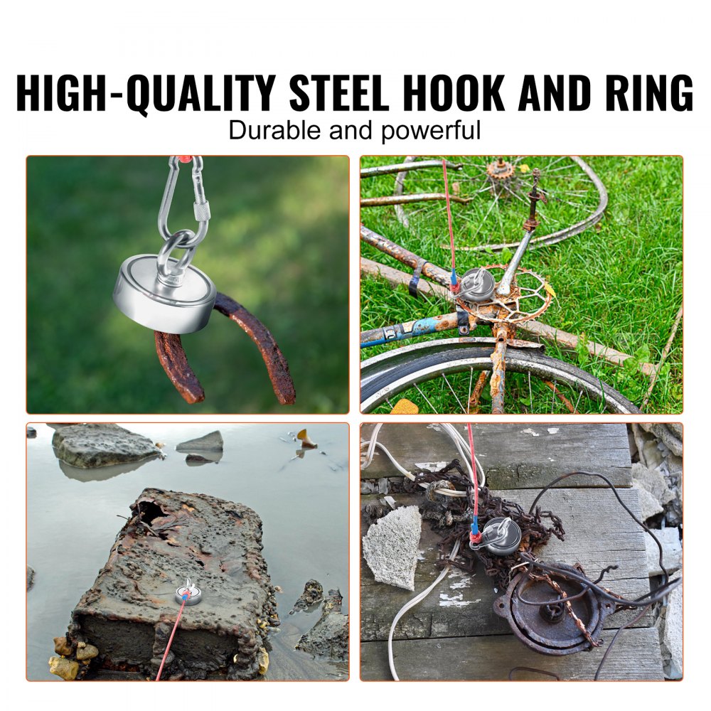 Double-sided neodymium magnet fishing kit with 1200lbs pull, rope, hook, and case.