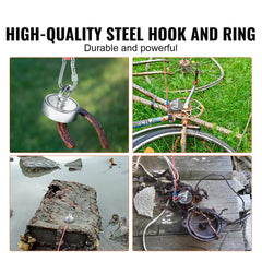 Double-sided neodymium magnet fishing kit with 1200lbs pull, rope, hook, and case.