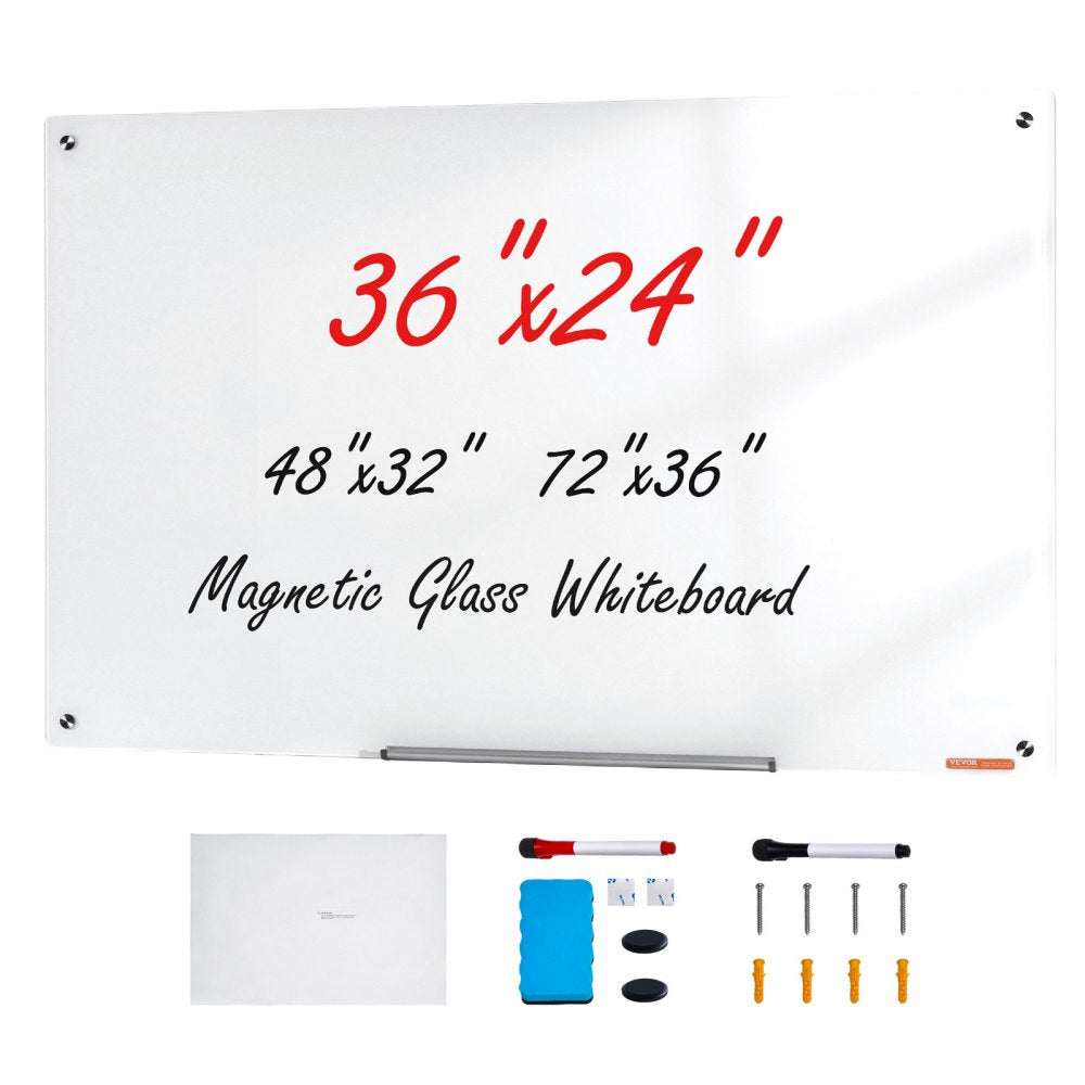 Magnetic Glass Whiteboard, Dry Erase Board 36"x24", Wall-Mounted Large White Glassboard Frameless, with Marker Tray, an Eraser and 2 Markers, White