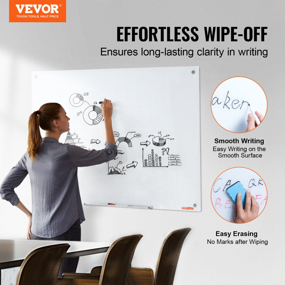 Magnetic Glass Whiteboard, Dry Erase Board 48"x32", Wall-Mounted Large White Glassboard Frameless, with Marker Tray, an Eraser and 2 Markers, White
