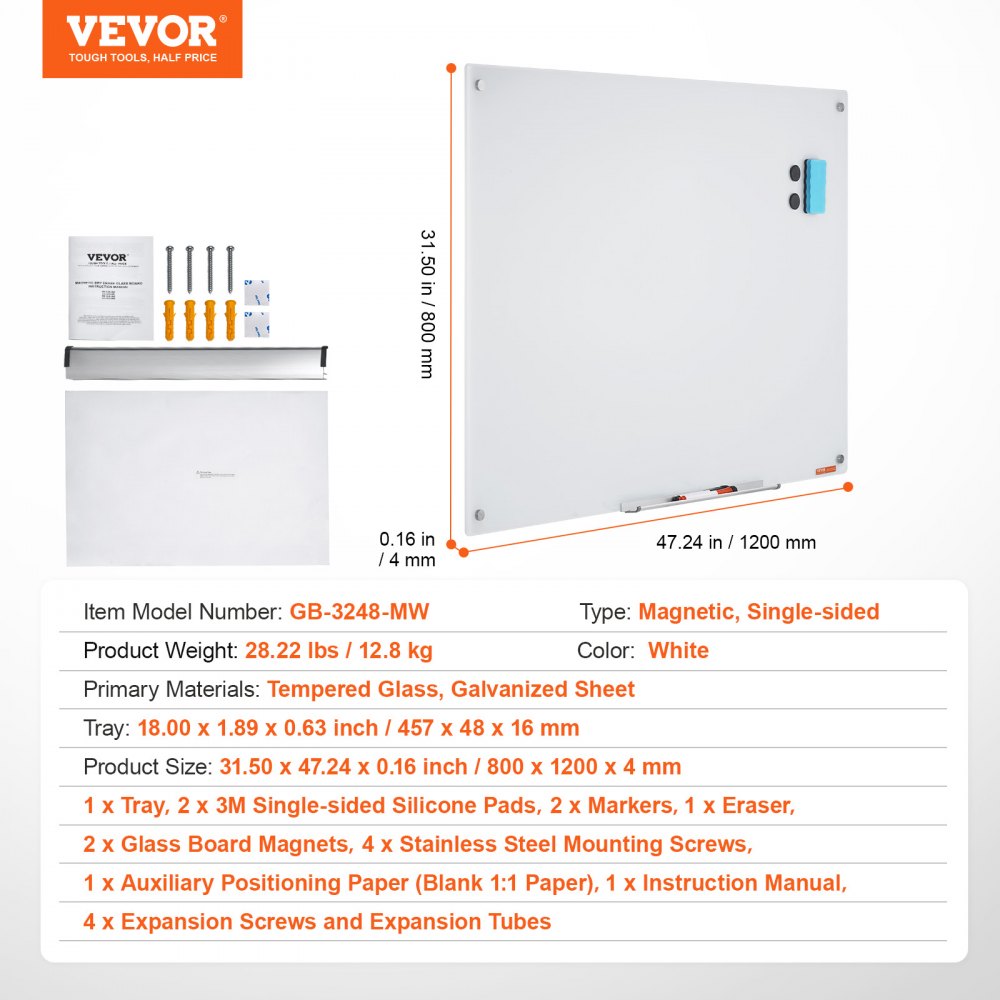 Magnetic Glass Whiteboard, Dry Erase Board 48"x32", Wall-Mounted Large White Glassboard Frameless, with Marker Tray, an Eraser and 2 Markers, White
