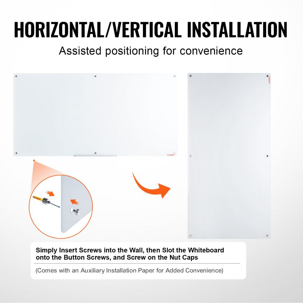 Magnetic Glass Whiteboard, Dry Erase Board 72"x36", Wall-Mounted Large White Glassboard Frameless, with Marker Tray, an Eraser and 2 Markers, White
