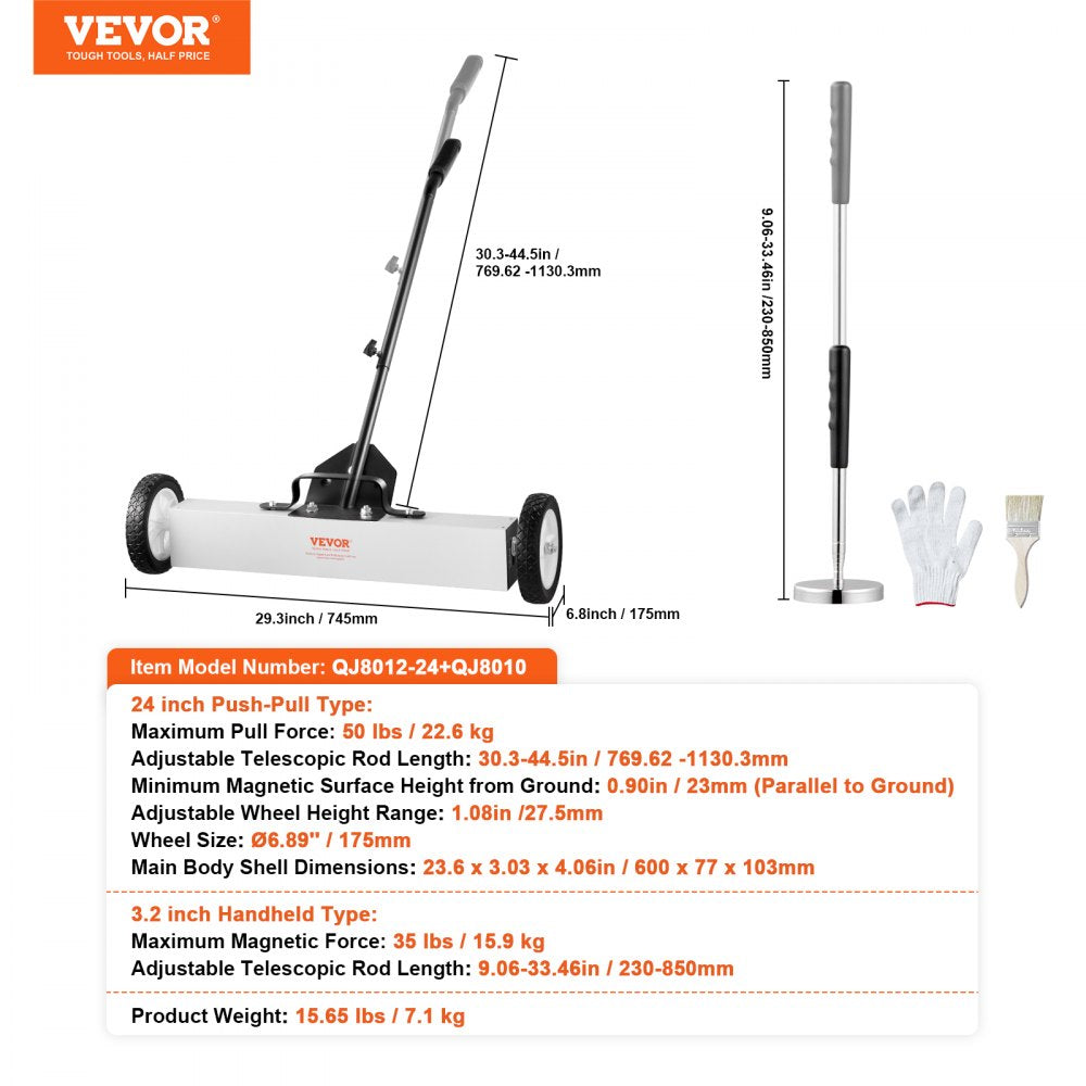 24-Inch Magnetic Sweeper with Wheels Telescoping Magnetic Pickup Tool