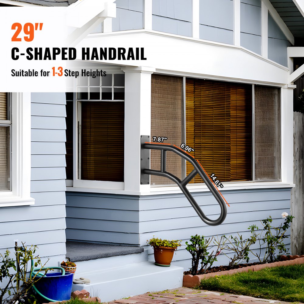 29-inch outdoor carbon steel handrail designed for 1-3 steps with a smooth, durable finish.