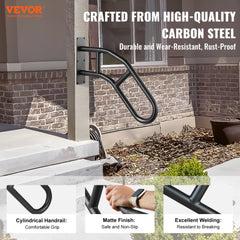 Black 32-inch wall-mounted handrail with cylindrical grip and matte finish for outdoor steps.