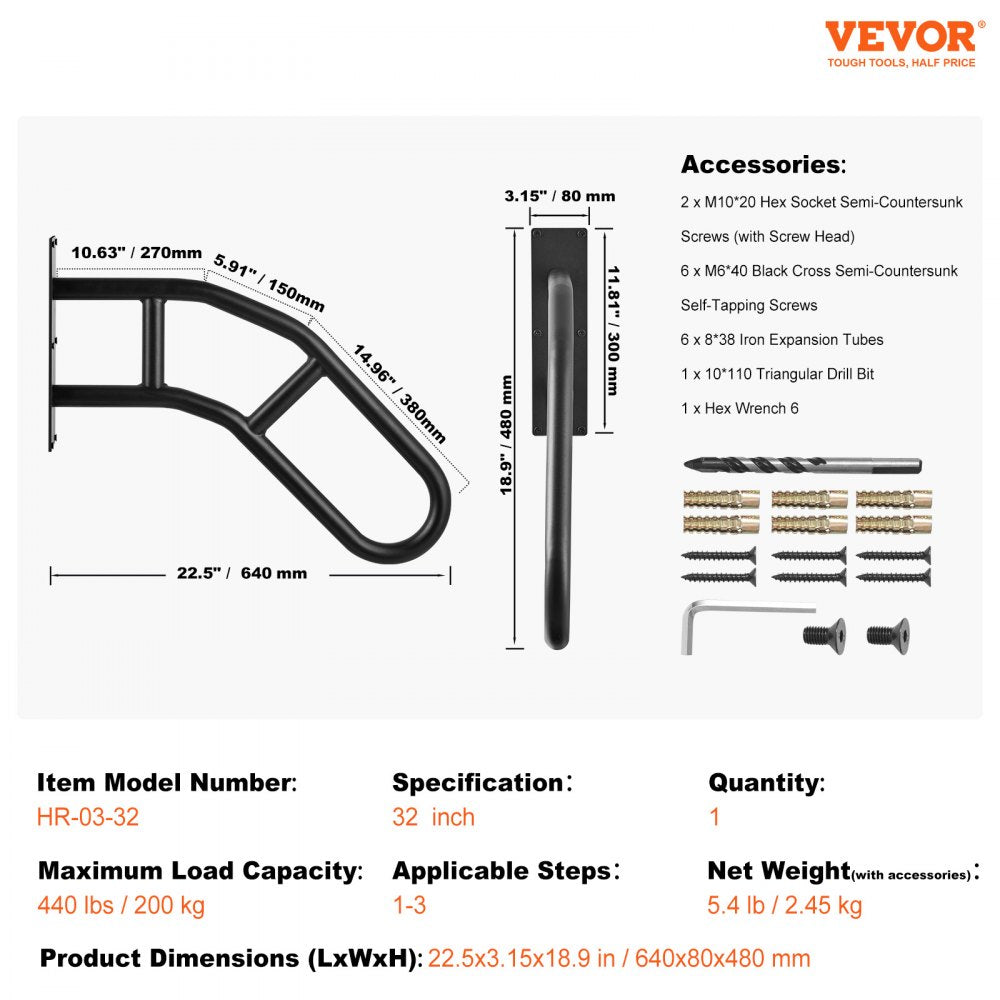 32-inch wall-mounted handrail for outdoor steps with 1-3 risers, including mounting hardware.