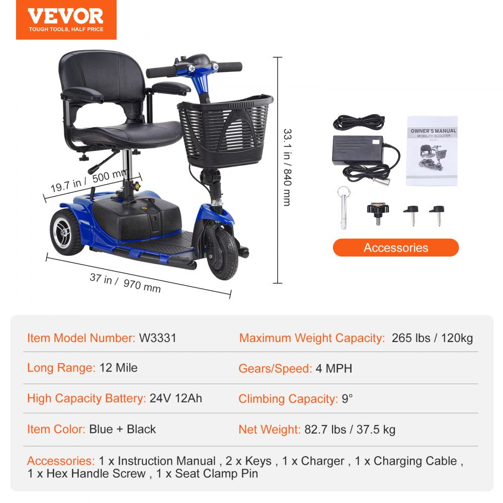 3-Wheel Folding Mobility Scooter for Seniors 12 Mile Range 265LBS Capacity