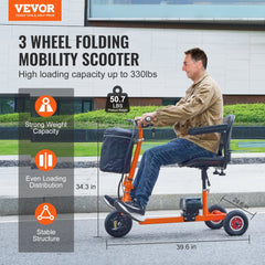 Foldable 3 Wheel Mobility Scooter for Seniors, Portable Electric Powered Mobility Scooter with 12 Mile Long Range, All Terrain Travel Wheelchair with 48V Lithium-ion Battery, Max Support 330LBS