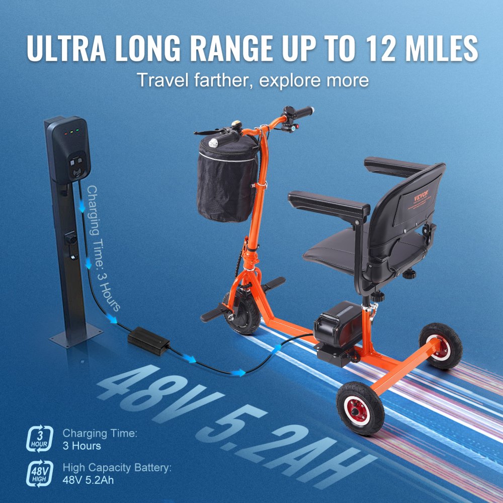 Foldable 3 Wheel Mobility Scooter for Seniors, Portable Electric Powered Mobility Scooter with 12 Mile Long Range, All Terrain Travel Wheelchair with 48V Lithium-ion Battery, Max Support 330LBS