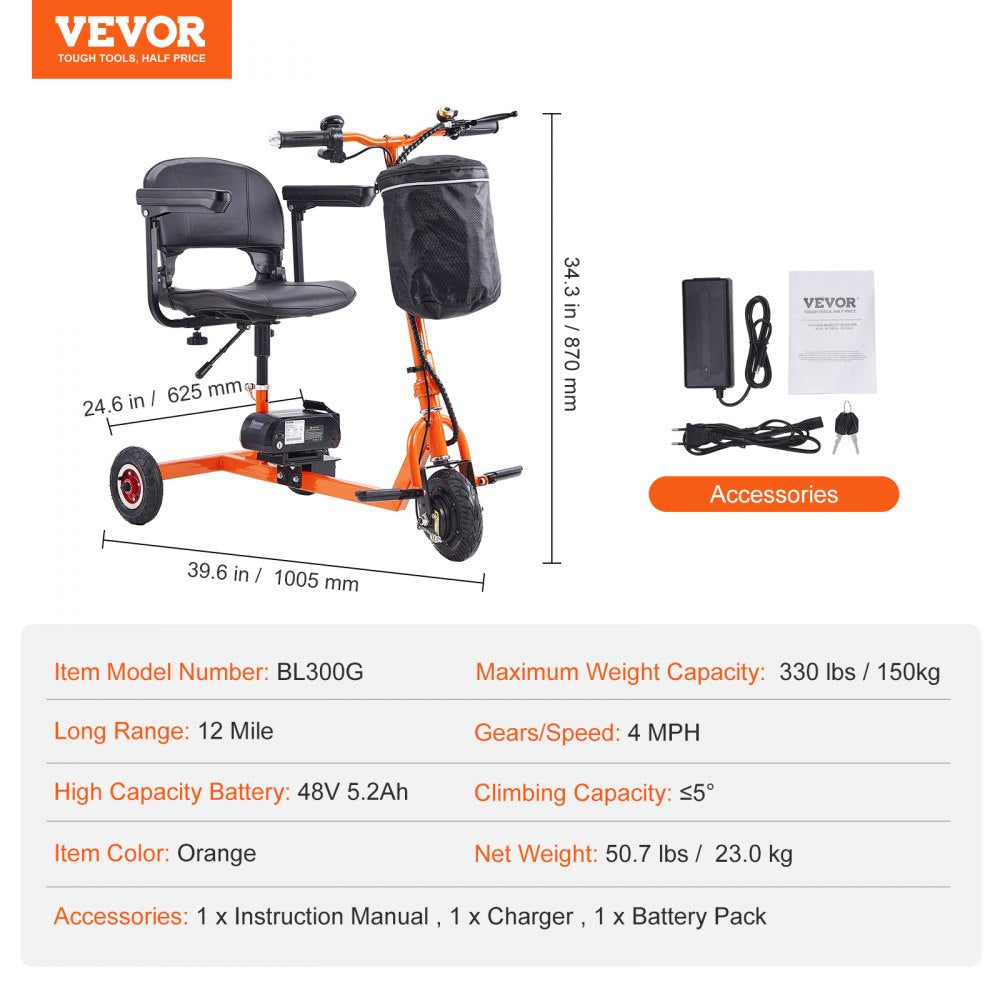 Foldable 3 Wheel Mobility Scooter for Seniors, Portable Electric Powered Mobility Scooter with 12 Mile Long Range, All Terrain Travel Wheelchair with 48V Lithium-ion Battery, Max Support 330LBS