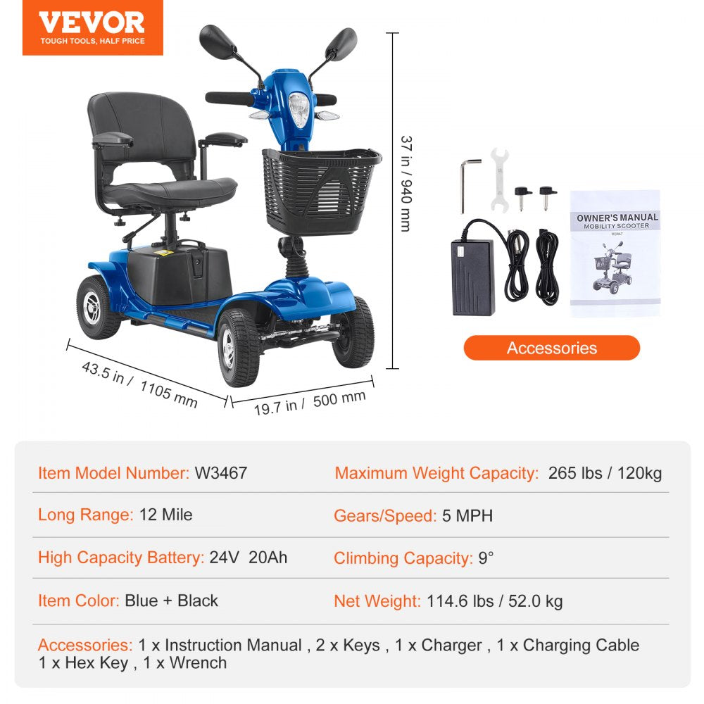 Heavy-Duty 4 Wheel Mobility Scooter for Adults & Seniors - Folding Electric Powered Mobility Scooter & 12 Mile Long Range, All Terrain Travel Scooter with 9° Climbing Capacity, 265lb Capacity