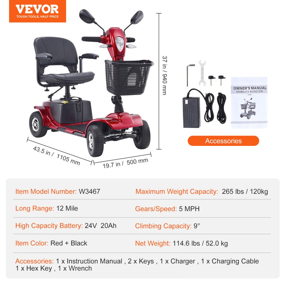 Heavy-Duty 4 Wheel Mobility Scooter for Seniors 12 Mile Long Range 265LBS