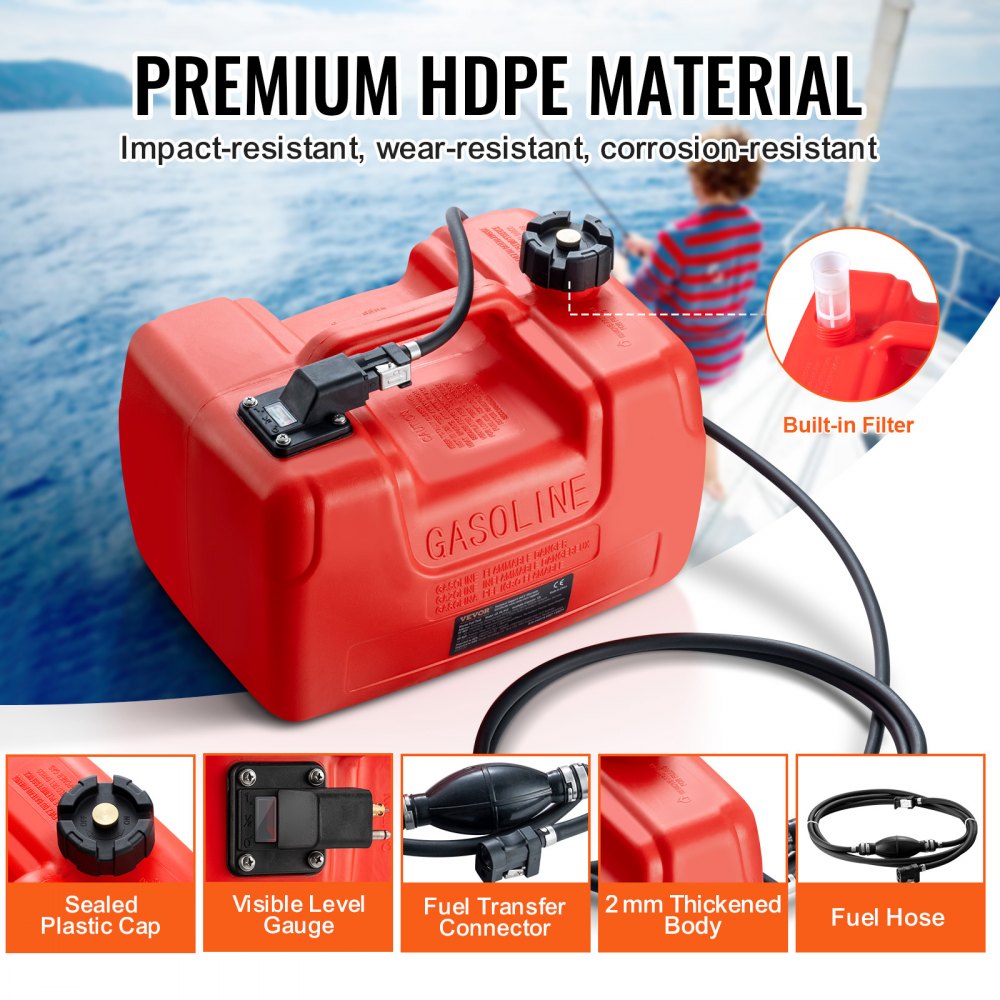 Marine Fuel Tank, 3.17 Gallon/12L, Portable Boat Fuel Gas Tank for Outboard Engine Boats, Plastic Outboard Marine Boat Fuel Tank with Hose, Easy to Carry for Yacht, Fishing Boat, Deck Boat, Red