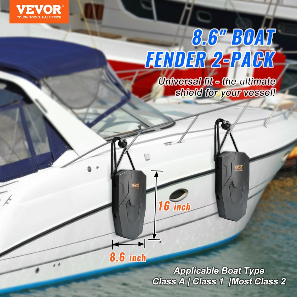 Boat Fenders, 8.6" x 16" Boat Bumpers for Docking, Marine EVA Boat Dock Fender Bumper with Ropes, Cord Locks and Storage Bag, No Inflation Required, for Class A/Class 1/Part Class 2, Black