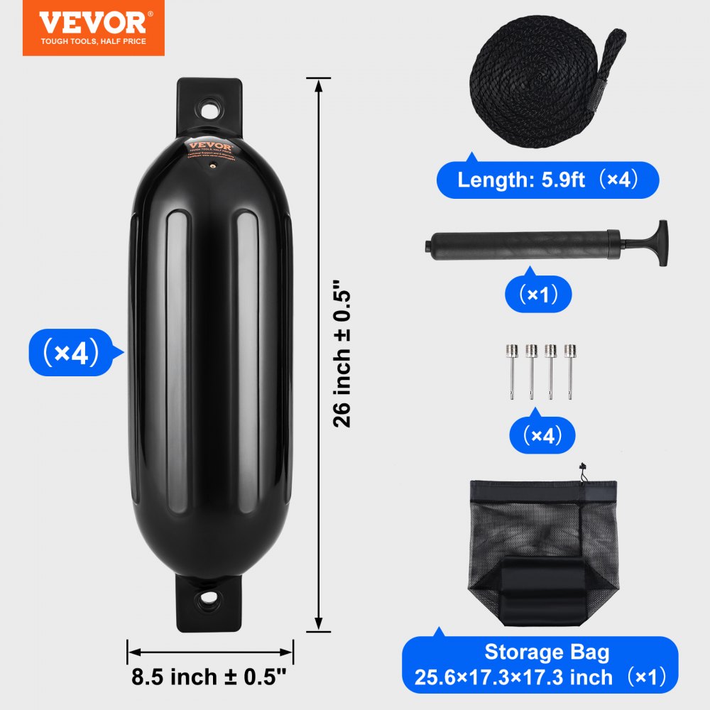 Boat Fenders, 8.5" x 26" Boat Bumpers for Docking, Inflatable Ribbed Fender with Center Holes, Marine Boat Dock Fender Bumper with Air Pump, 4 Needles and 4 Ropes and Storage Bag, Black