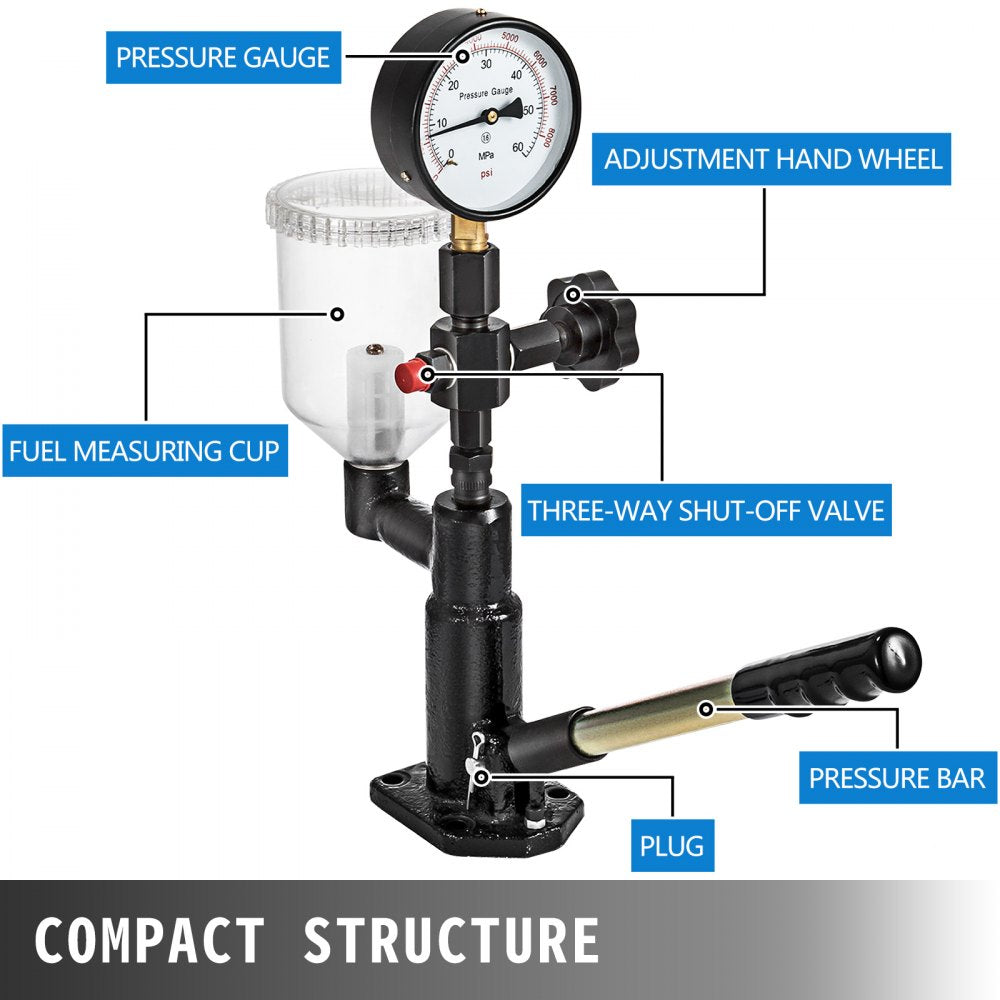 400Bar 6000PSI Diesel Fuel Injector Tester Diesel Injector Nozzle Tester with Dual Scale Gauge to Adjust Injector Nozzle Pressure and Testing Diesel Injector Nozzle Pop Pressure Tester