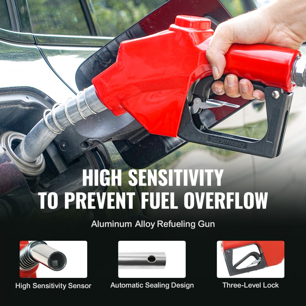 A hand refueling a car at a gas station with a red aluminum alloy nozzle featuring high sensitivity to prevent overflow.