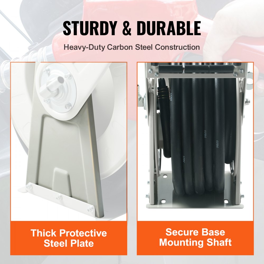Retractable fuel hose reel with carbon steel frame, thick protective plate, and secure mounting base.