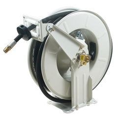 White carbon steel retractable fuel hose reel with 1/2-inch by 50-foot black hose, 2300 PSI rating.