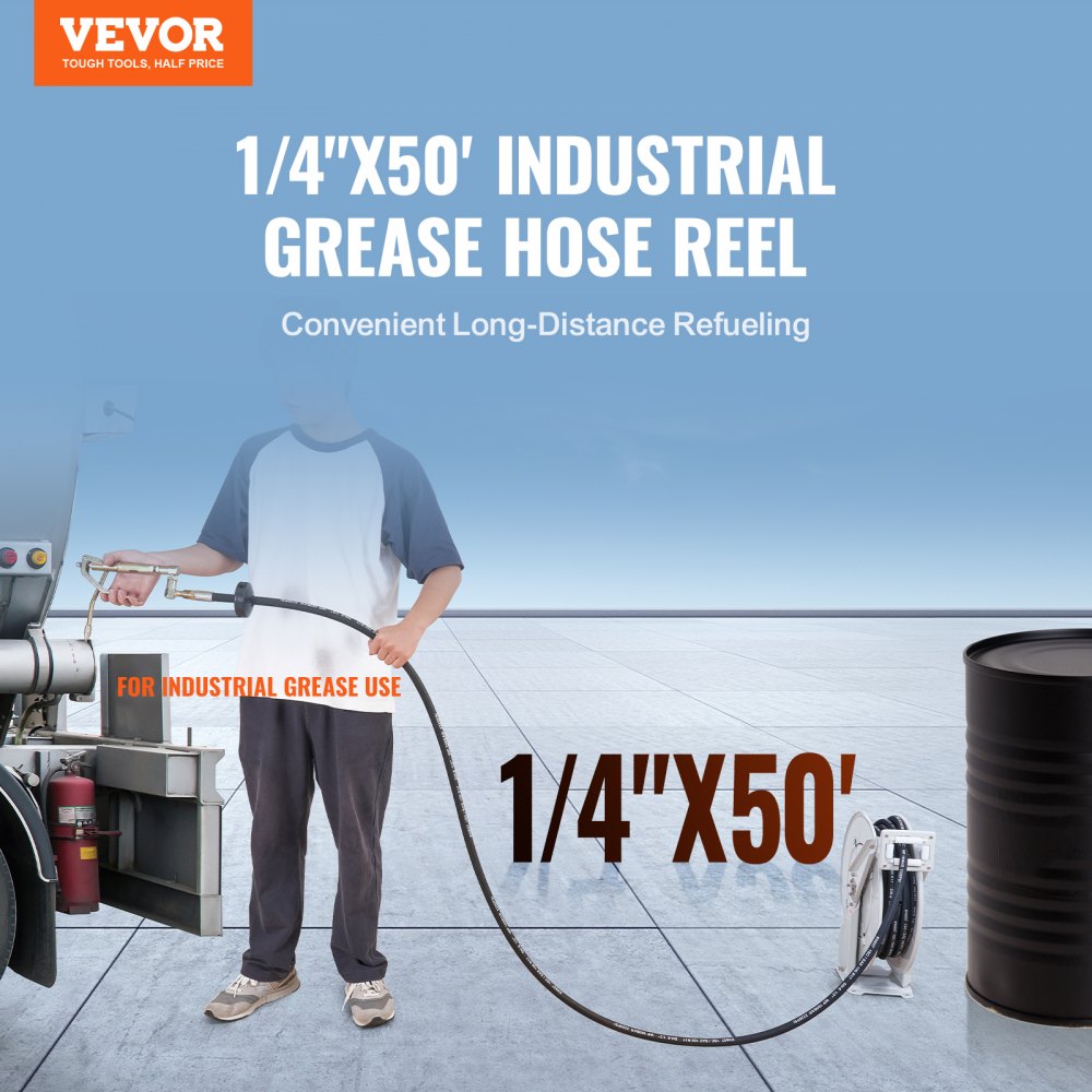 Bostome 1/4" x 50' retractable fuel hose reel made of carbon steel with 5800 PSI rating.