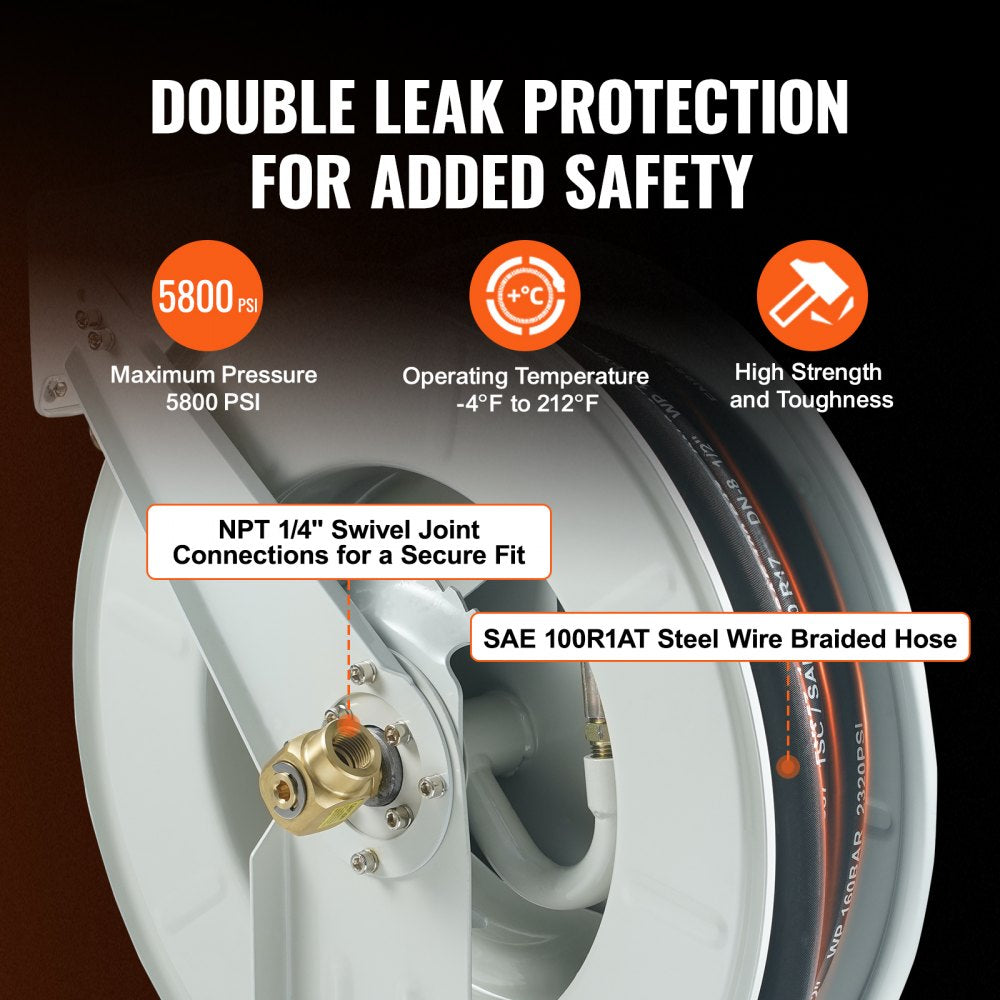 Retractable fuel hose reel with 1/4" x 50' carbon steel hose, 5800 PSI rating, and swivel NPT 1/4" joint.