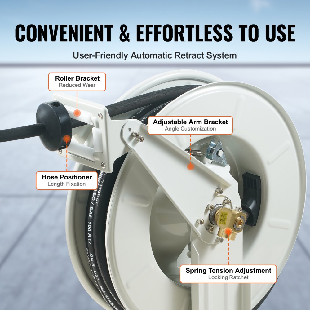 Diagram of a retractable fuel hose reel showing automatic retract system, adjustable arm, and spring tension adjustment.