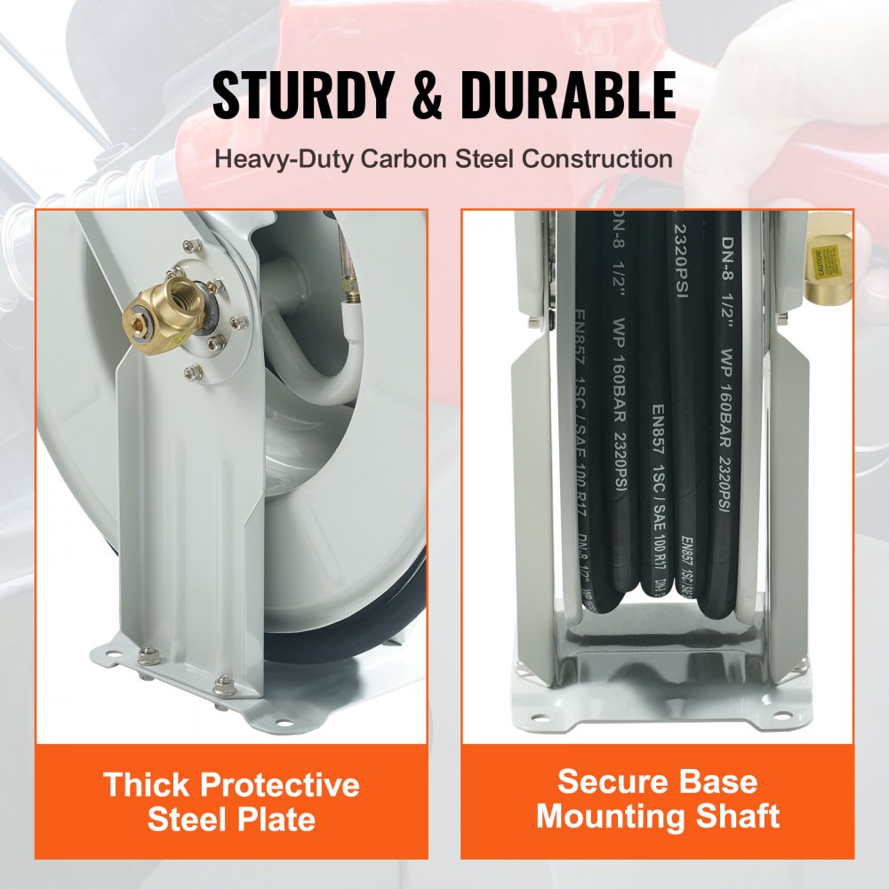 Retractable fuel hose reel with carbon steel frame, 50-foot hose, and secure mounting base.