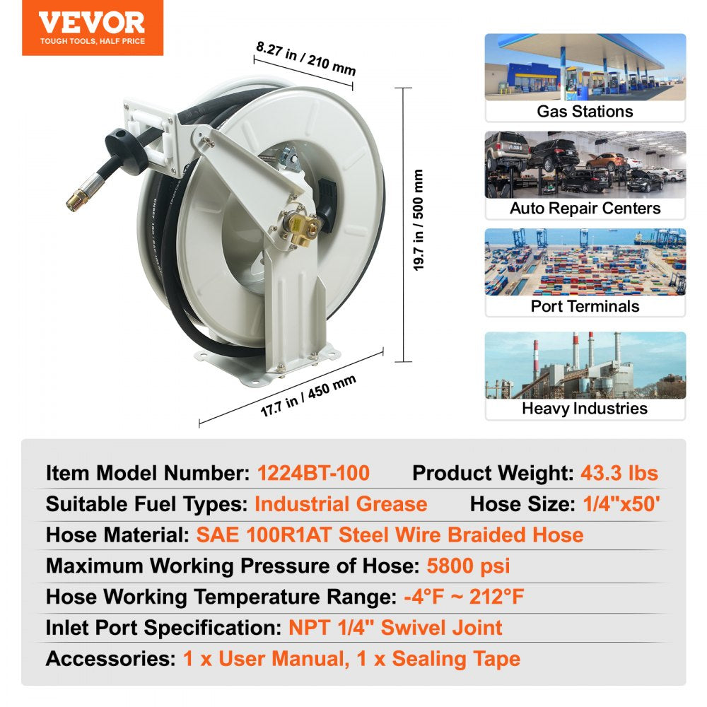 Retractable carbon steel fuel hose reel with 1/4-inch by 50-foot hose rated at 5800 PSI.