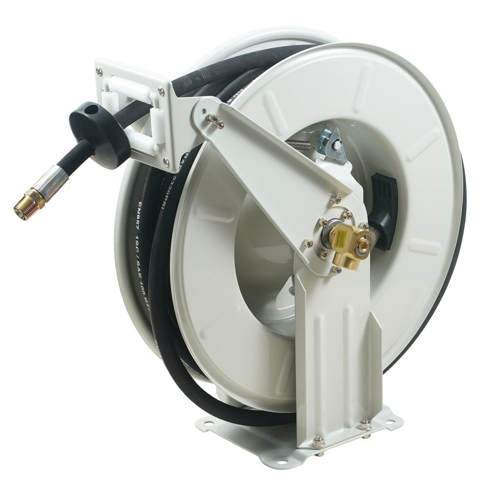 White retractable hose reel with 1/4" x 50' black fuel hose and carbon steel frame.
