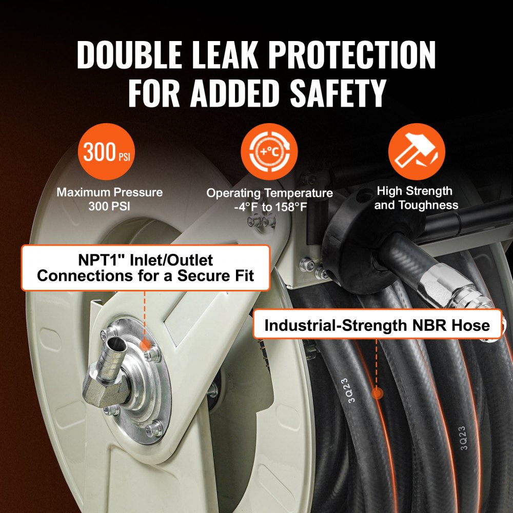 Retractable 1" x 50' fuel hose reel for diesel and kerosene with automatic spring retraction.