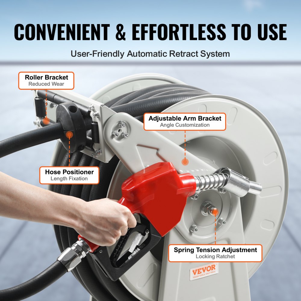 Retractable 1" x 50' fuel hose reel for diesel and kerosene with automatic spring retraction.