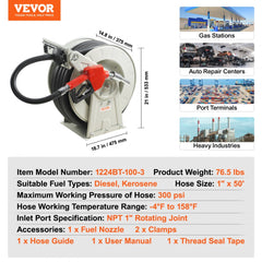 Retractable 1" x 50' fuel hose reel for diesel and kerosene, designed for 300 PSI pressure.