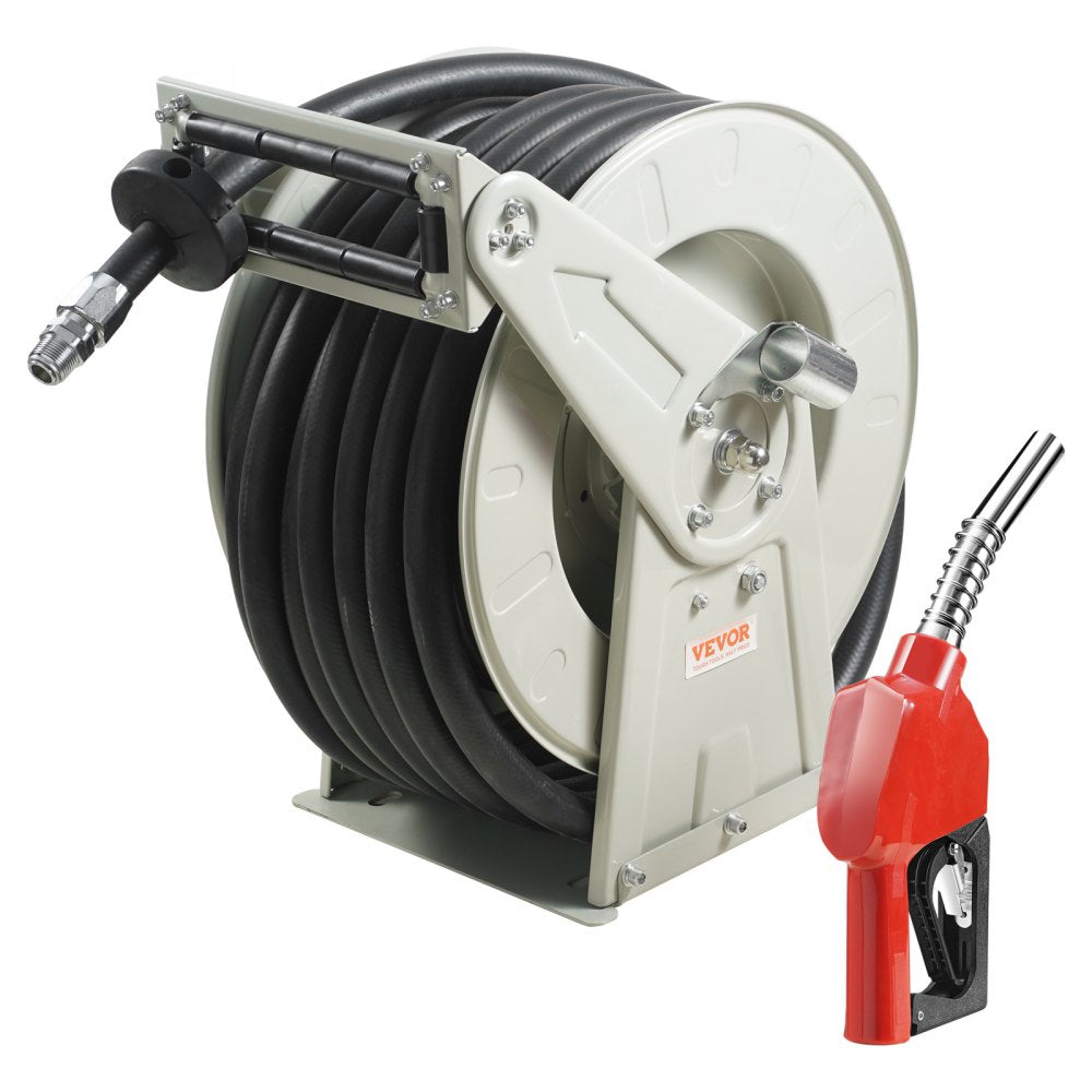 Retractable fuel hose reel with 1" x 50' NBR rubber hose for diesel and kerosene use.